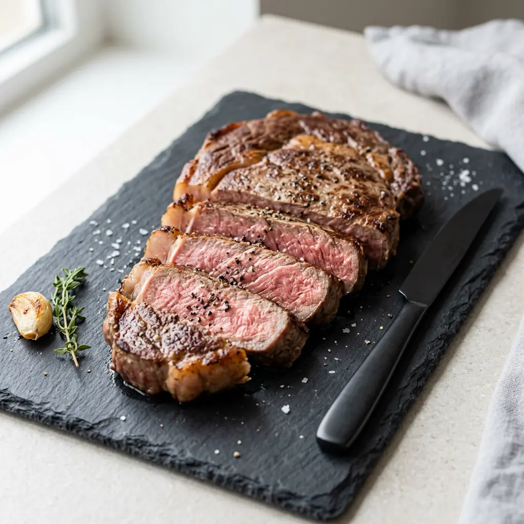 Foto von Entrecôte aus der Heißluftfritteuse fertig zubereitet in der Heißluftfritteuse