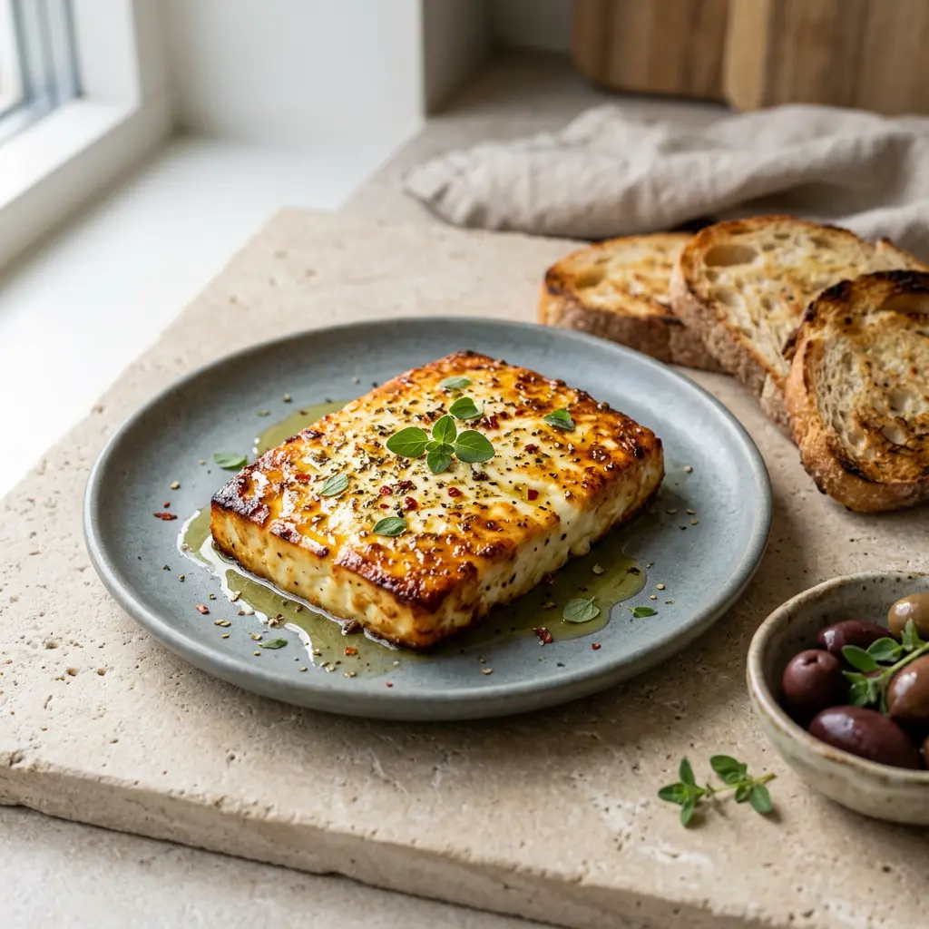 Foto von Feta aus der Heißluftfritteuse fertig zubereitet in der Heißluftfritteuse