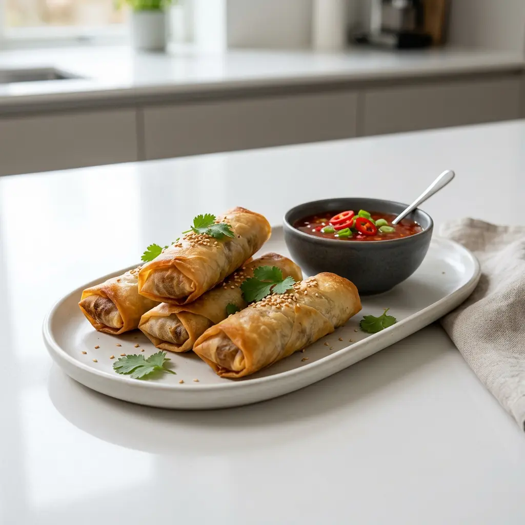 Foto von Frühlingsrollen aus der Heißluftfritteuse fertig zubereitet in der Heißluftfritteuse