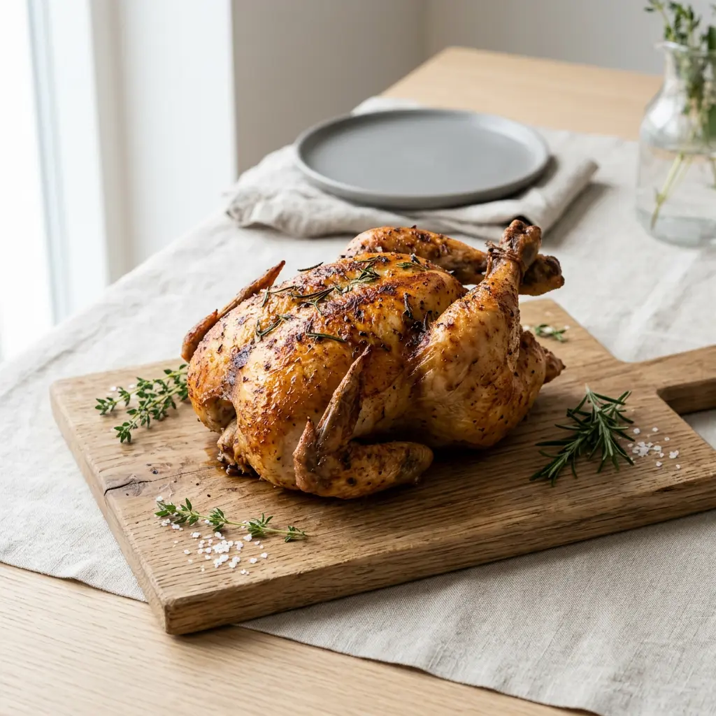 Foto von Ganzes Hähnchen aus der Heißluftfritteuse fertig zubereitet in der Heißluftfritteuse