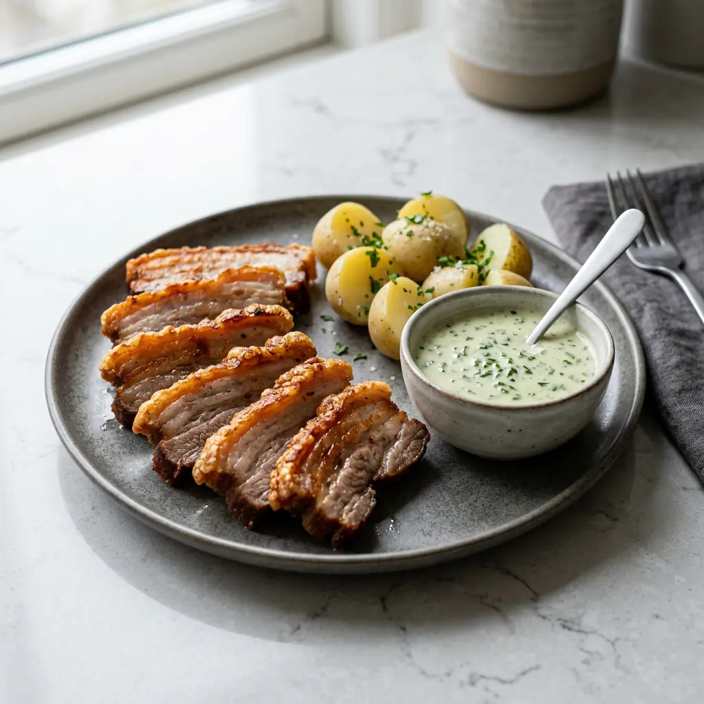 Foto von Gebratener Schweinebauch aus der Heißluftfritteuse fertig zubereitet in der Heißluftfritteuse