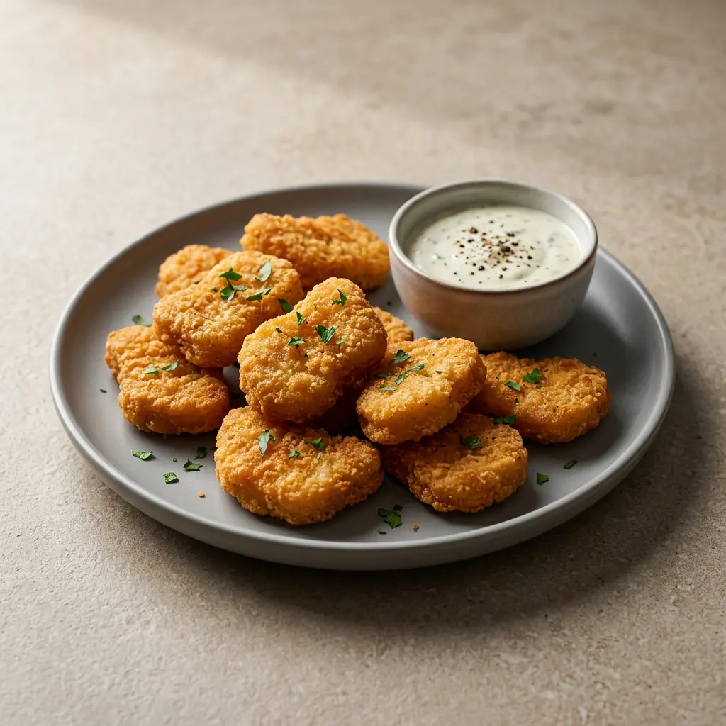 Foto von Gefrorene Chicken Nuggets aus der Heißluftfritteuse fertig zubereitet in der Heißluftfritteuse