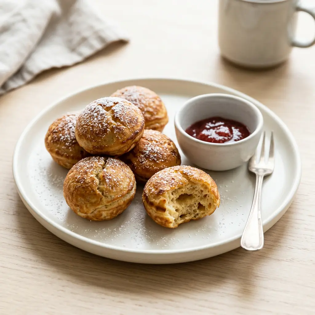 Foto von Gefrorene dänische Æbleskiver aus der Heißluftfritteuse fertig zubereitet in der Heißluftfritteuse