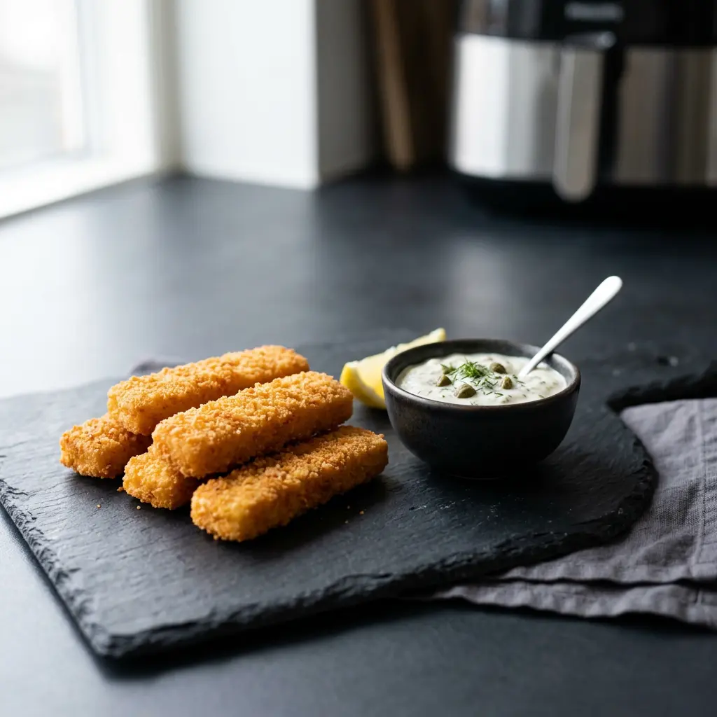 Foto von Gefrorene Fischstäbchen aus der Heißluftfritteuse fertig zubereitet in der Heißluftfritteuse