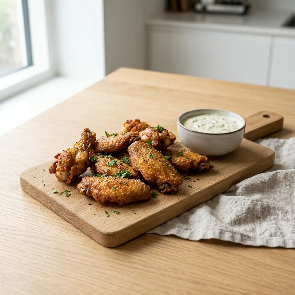 Foto von Gefrorene Hähnchenflügel aus der Heißluftfritteuse fertig zubereitet in der Heißluftfritteuse