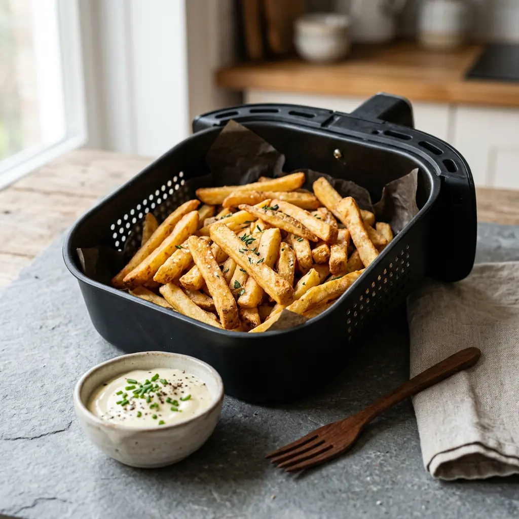 Foto von Gefrorene Pommes frites aus der Heißluftfritteuse fertig zubereitet in der Heißluftfritteuse
