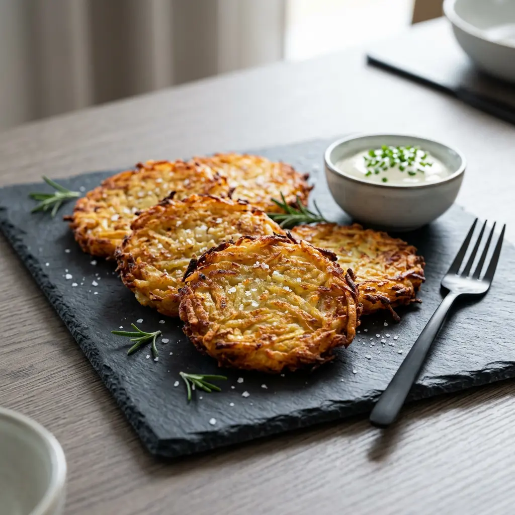 Foto von Gefrorene Rösti aus der Heißluftfritteuse fertig zubereitet in der Heißluftfritteuse