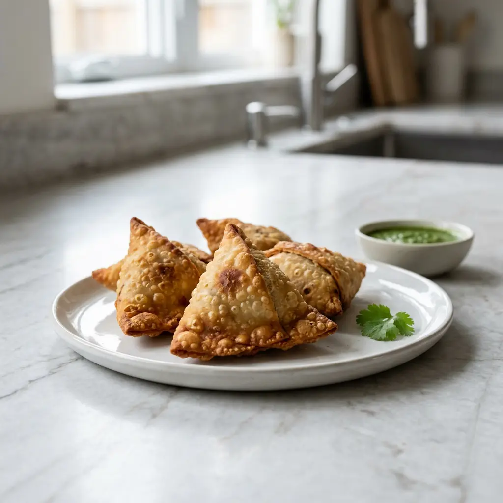 Foto von Gefrorene Samosas aus der Heißluftfritteuse fertig zubereitet in der Heißluftfritteuse