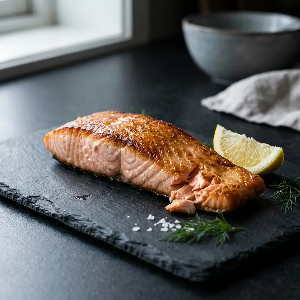 Foto von Gefrorener Lachs aus der Heißluftfritteuse fertig zubereitet in der Heißluftfritteuse