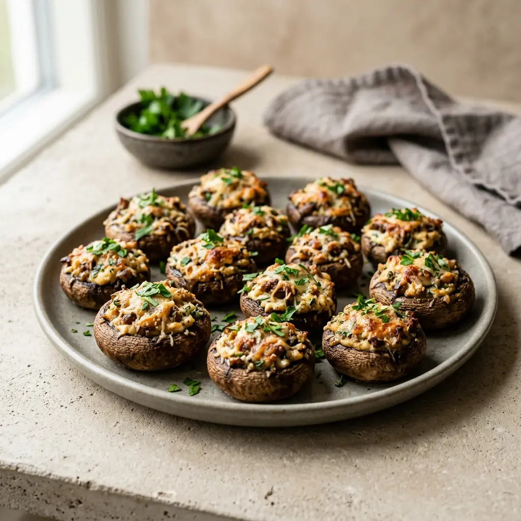 Foto von Gefüllte Champignons aus der Heißluftfritteuse fertig zubereitet in der Heißluftfritteuse