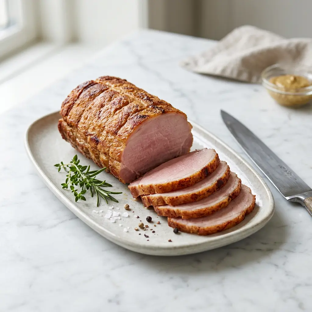 Foto von Geräucherter Schweinerücken aus der Heißluftfritteuse fertig zubereitet in der Heißluftfritteuse