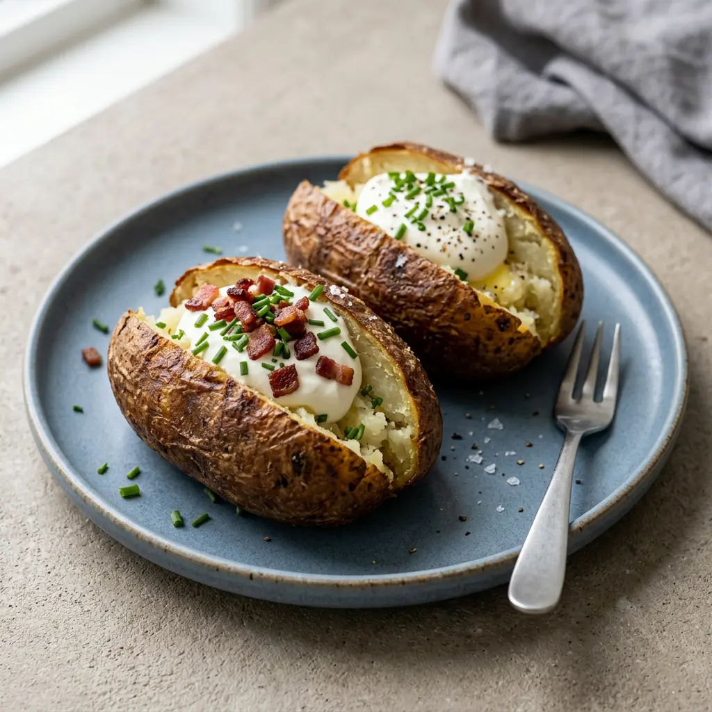 Foto von Große Backkartoffeln aus der Heißluftfritteuse fertig zubereitet in der Heißluftfritteuse