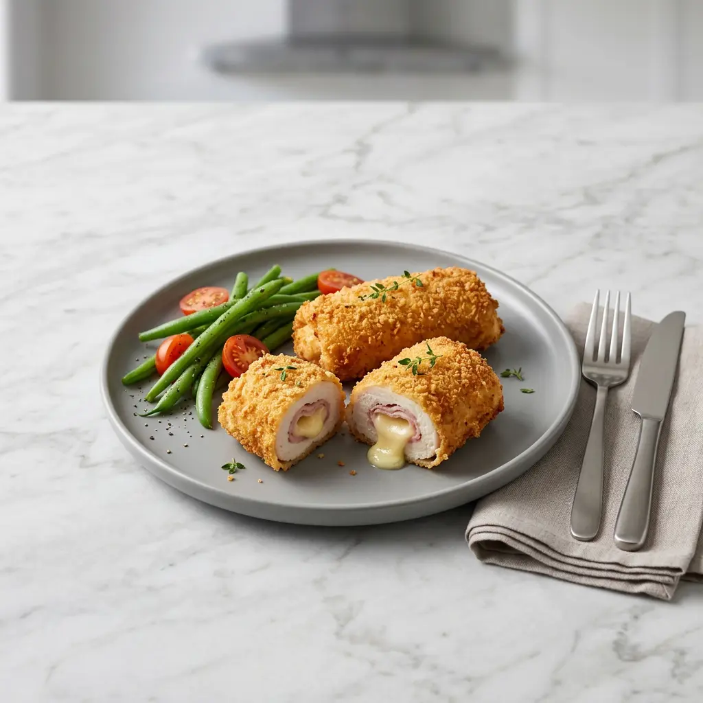 Foto von Hähnchen-Cordon-bleu aus der Heißluftfritteuse fertig zubereitet in der Heißluftfritteuse