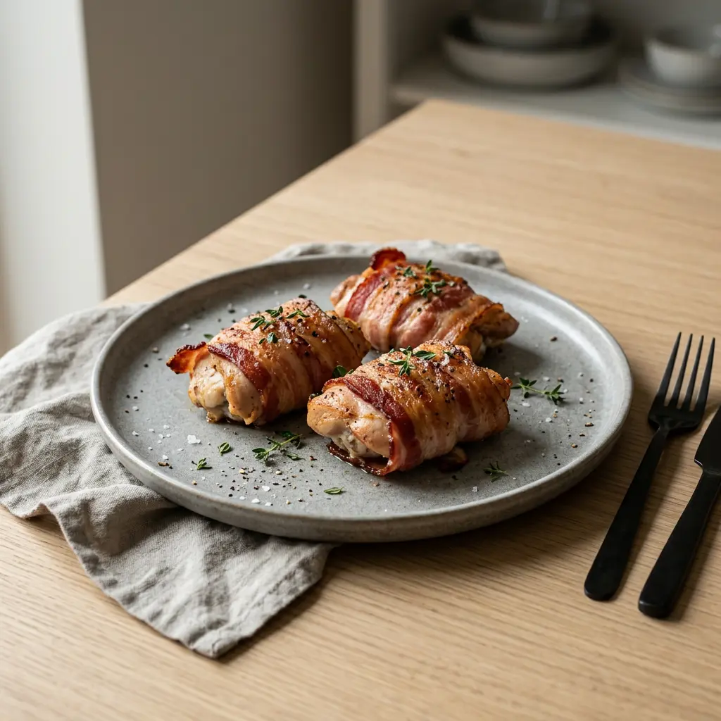 Foto von Hähnchen mit Speck aus der Heißluftfritteuse fertig zubereitet in der Heißluftfritteuse