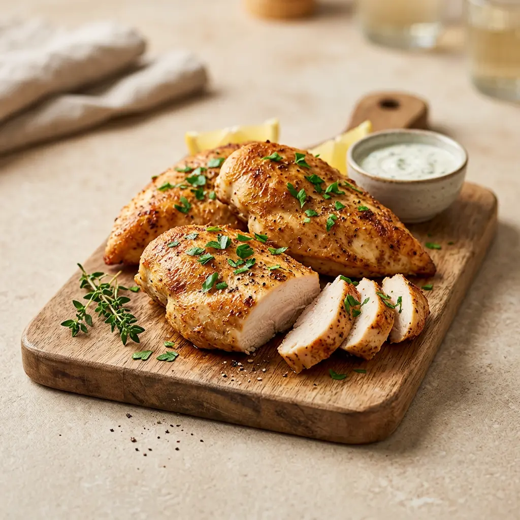 Foto von Hähnchenbrust aus der Heißluftfritteuse fertig zubereitet in der Heißluftfritteuse