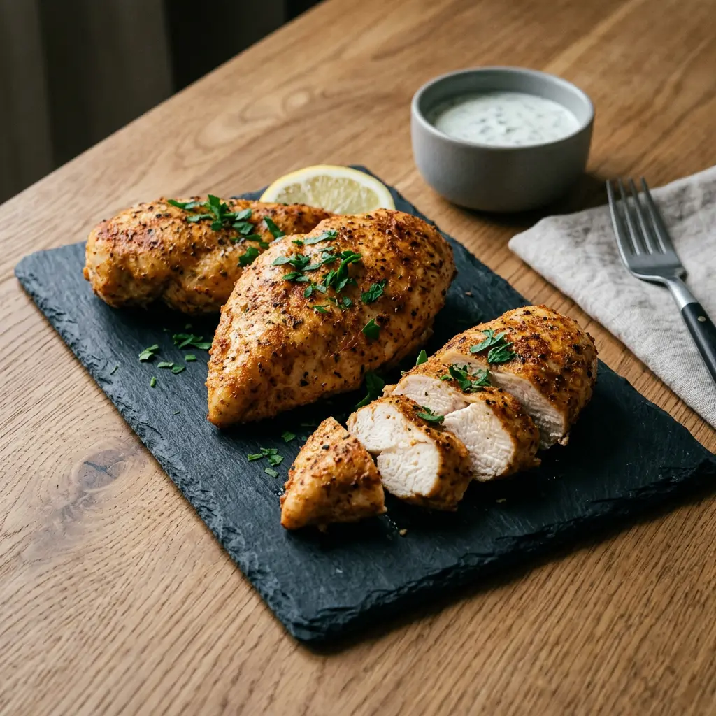 Foto von Hähnchenbrustfilet aus der Heißluftfritteuse fertig zubereitet in der Heißluftfritteuse