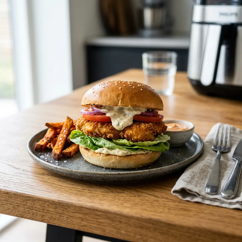 Foto von Hähnchenburger aus der Heißluftfritteuse fertig zubereitet in der Heißluftfritteuse