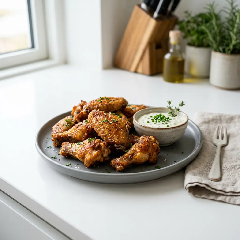 Foto von Hähnchenflügel aus der Heißluftfritteuse fertig zubereitet in der Heißluftfritteuse
