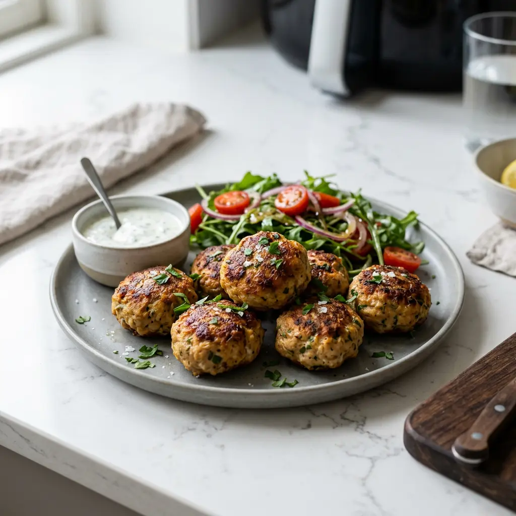 Foto von Hähnchenfrikadellen aus der Heißluftfritteuse fertig zubereitet in der Heißluftfritteuse