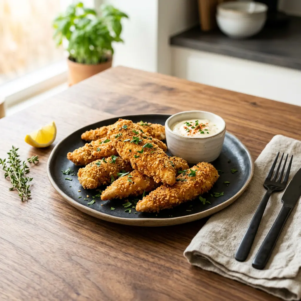 Foto von Hähncheninnenfilets aus der Heißluftfritteuse fertig zubereitet in der Heißluftfritteuse