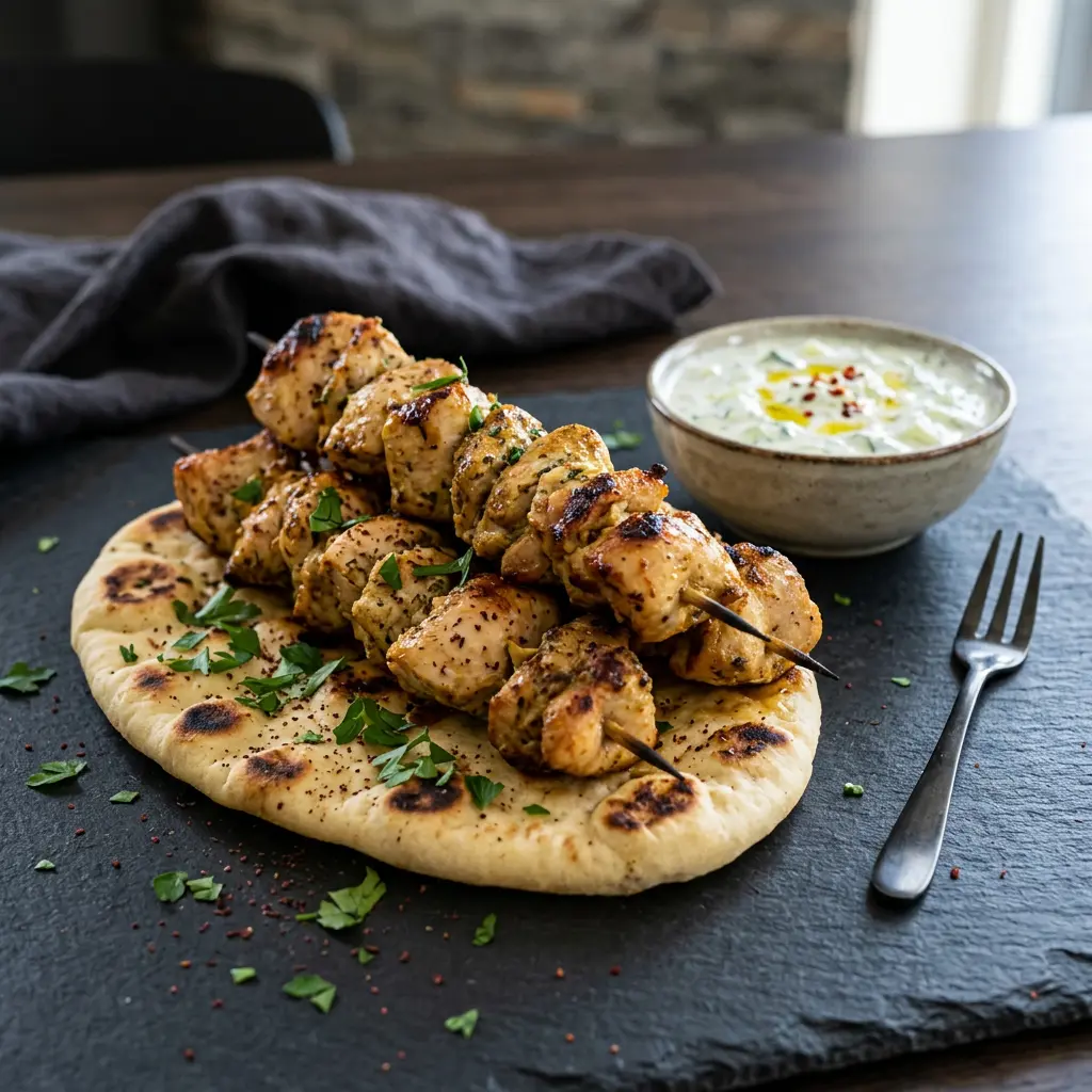 Foto von Hähnchenkebab aus der Heißluftfritteuse fertig zubereitet in der Heißluftfritteuse