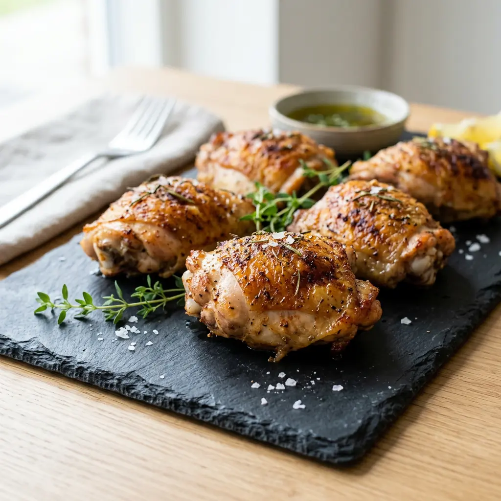 Foto von Hähnchenoberkeulen aus der Heißluftfritteuse fertig zubereitet in der Heißluftfritteuse