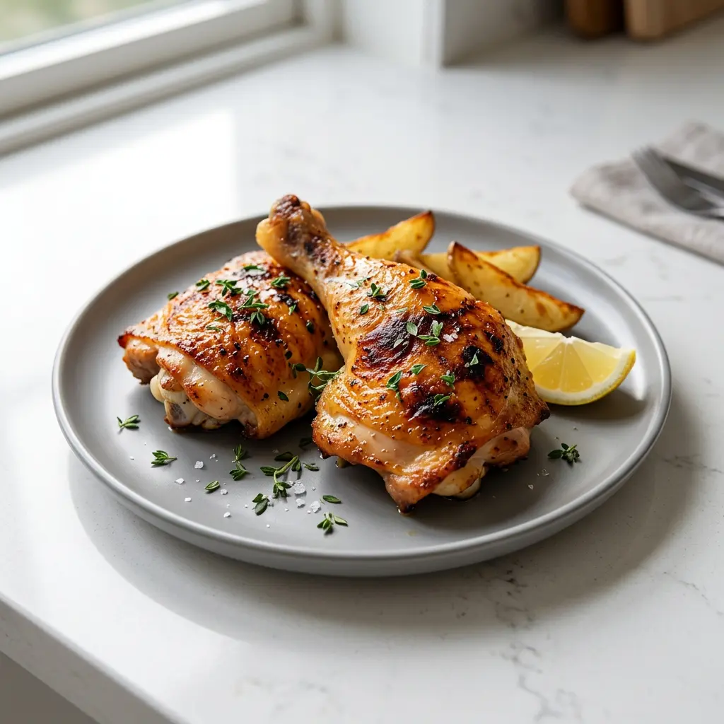 Foto von Hähnchenschenkel aus der Heißluftfritteuse fertig zubereitet in der Heißluftfritteuse