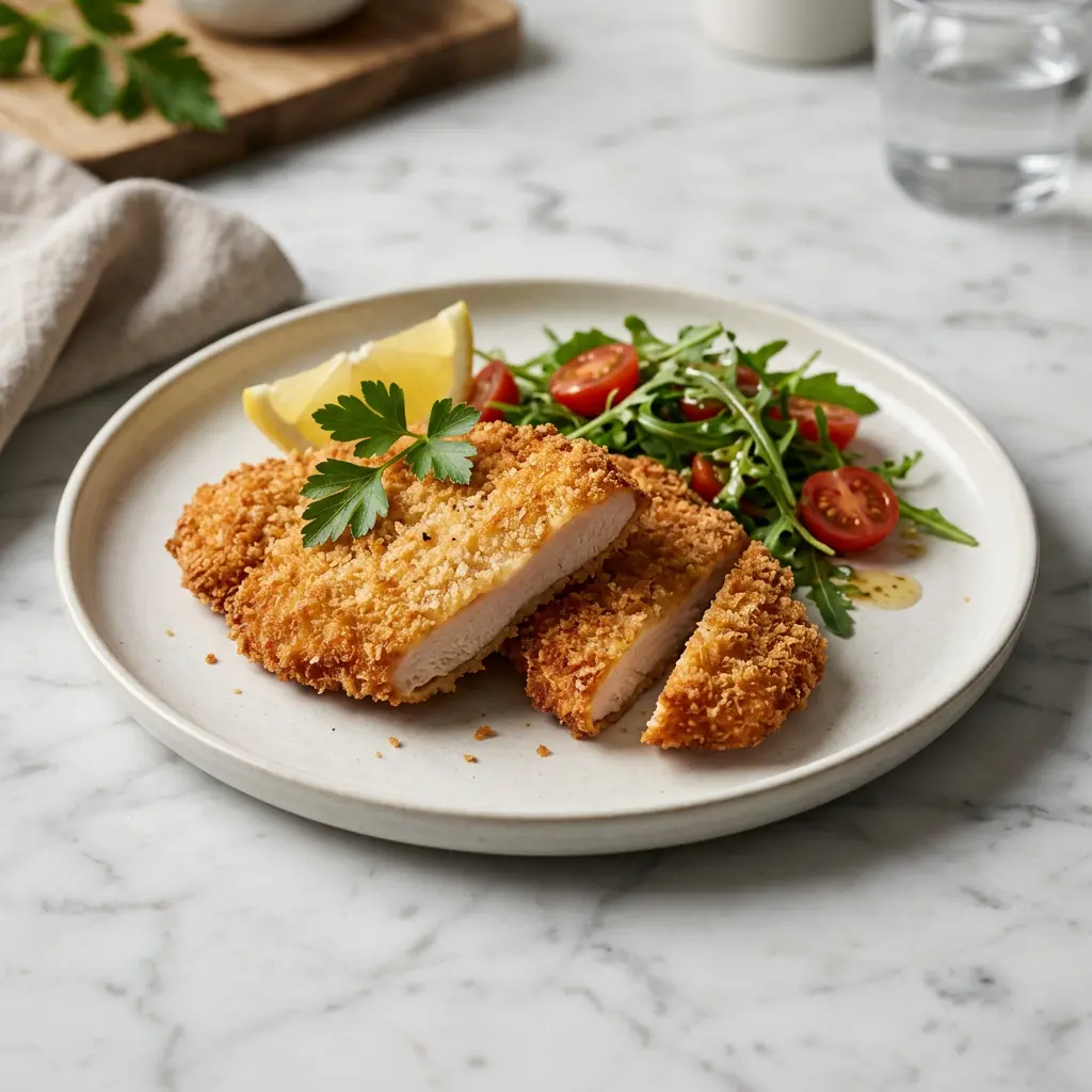 Foto von Hähnchenschnitzel aus der Heißluftfritteuse fertig zubereitet in der Heißluftfritteuse