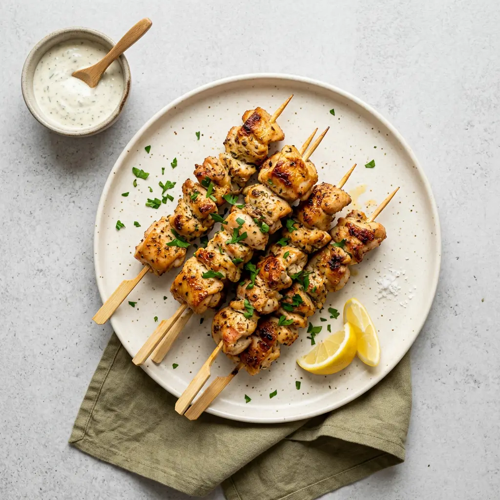 Foto von Hähnchenspieße aus der Heißluftfritteuse fertig zubereitet in der Heißluftfritteuse