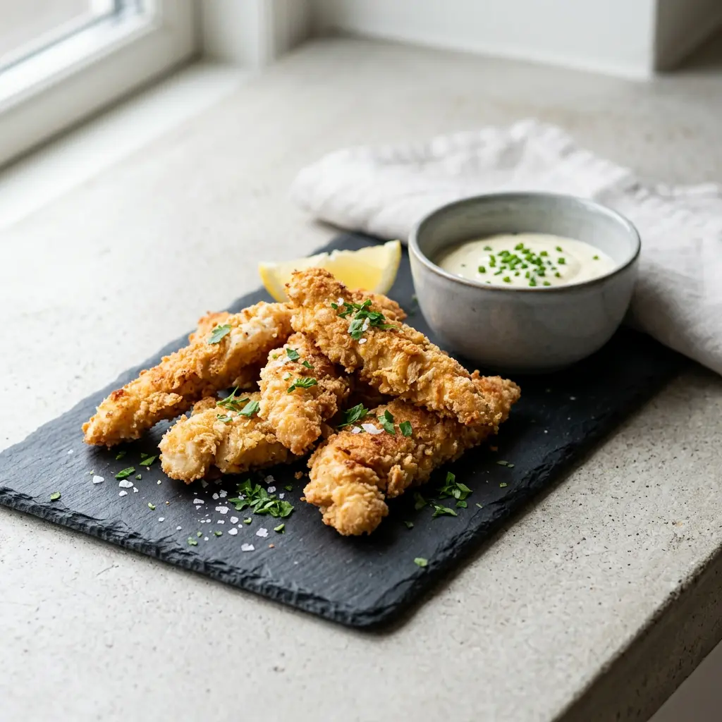 Foto von Hähnchenstreifen aus der Heißluftfritteuse fertig zubereitet in der Heißluftfritteuse