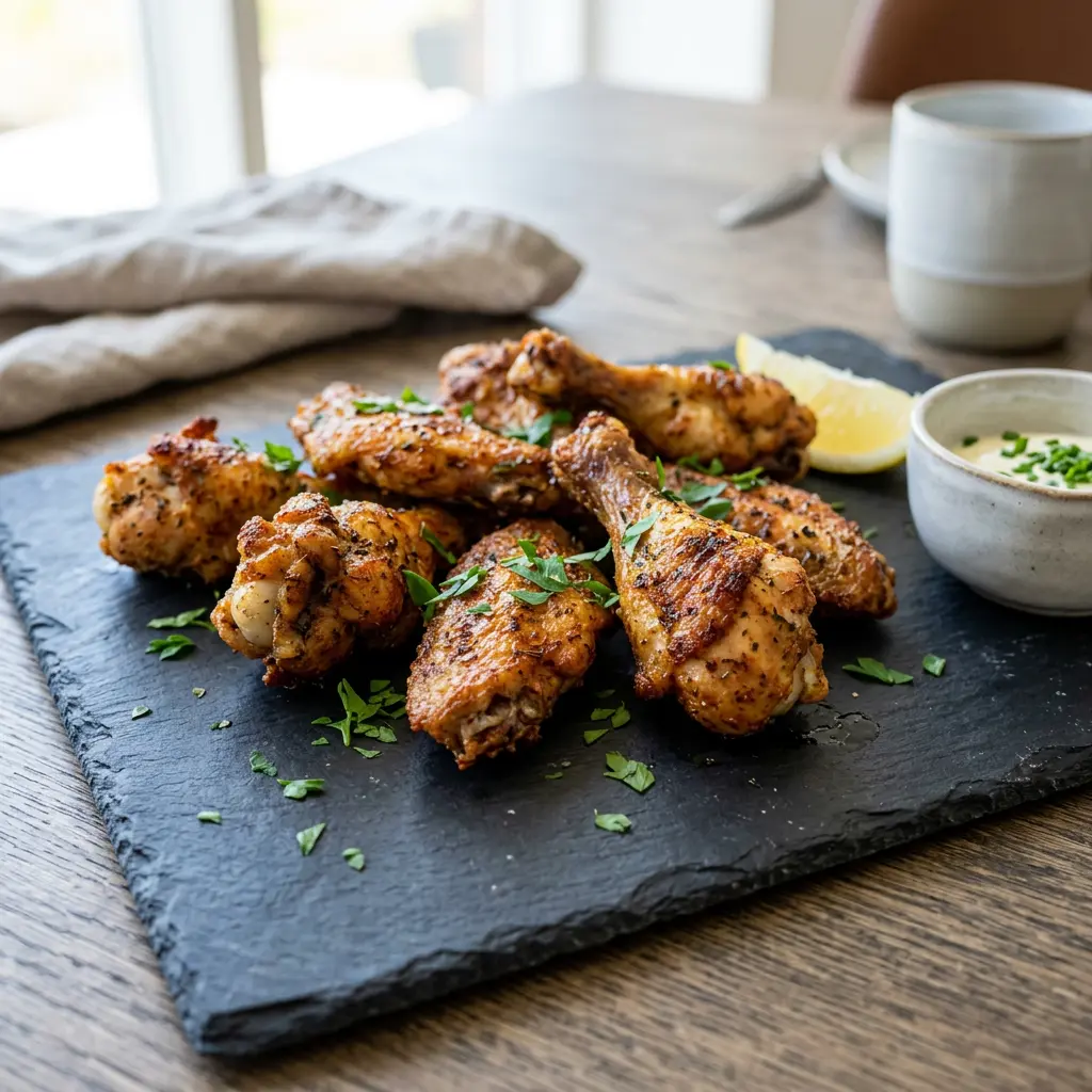 Foto von Hähnchenteile aus der Heißluftfritteuse fertig zubereitet in der Heißluftfritteuse