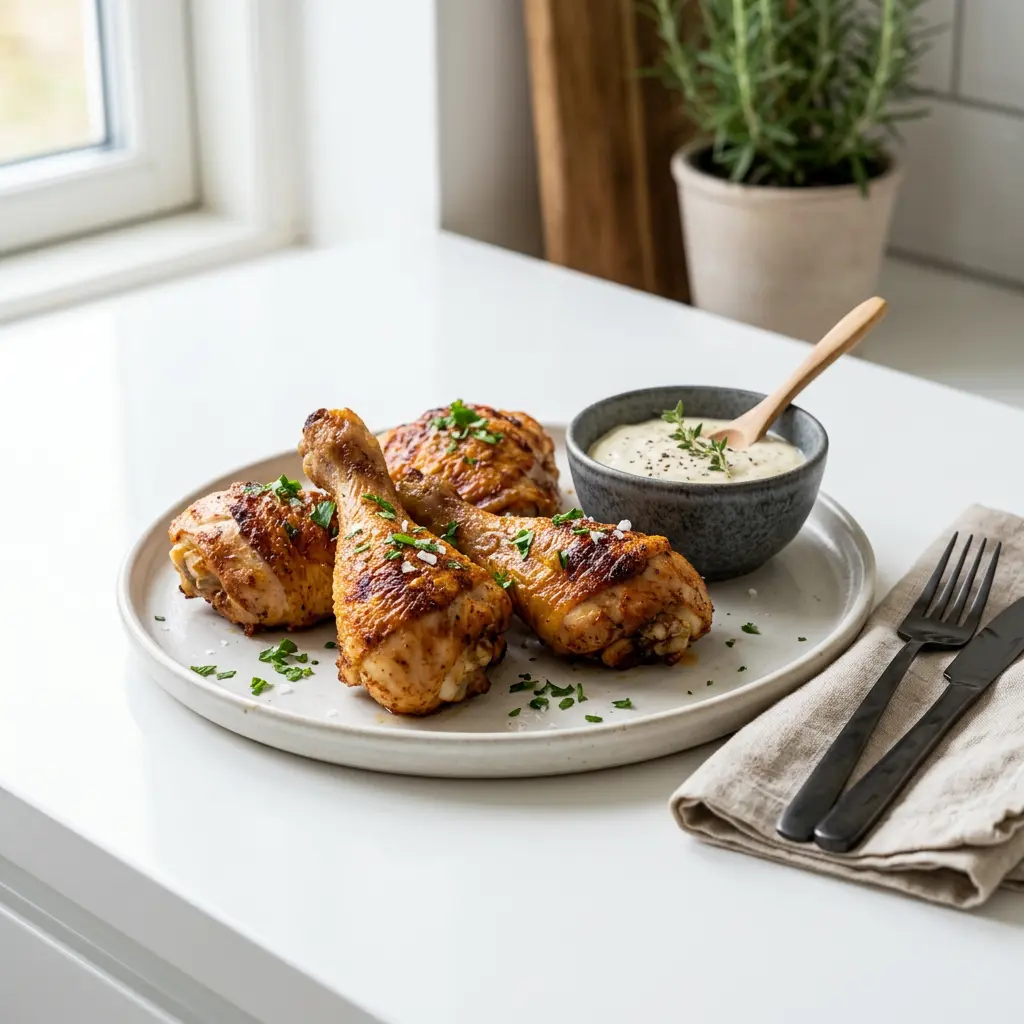 Foto von Hähnchenunterkeulen aus der Heißluftfritteuse fertig zubereitet in der Heißluftfritteuse
