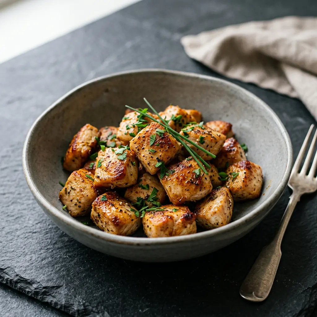 Foto von Hähnchenwürfel aus der Heißluftfritteuse fertig zubereitet in der Heißluftfritteuse