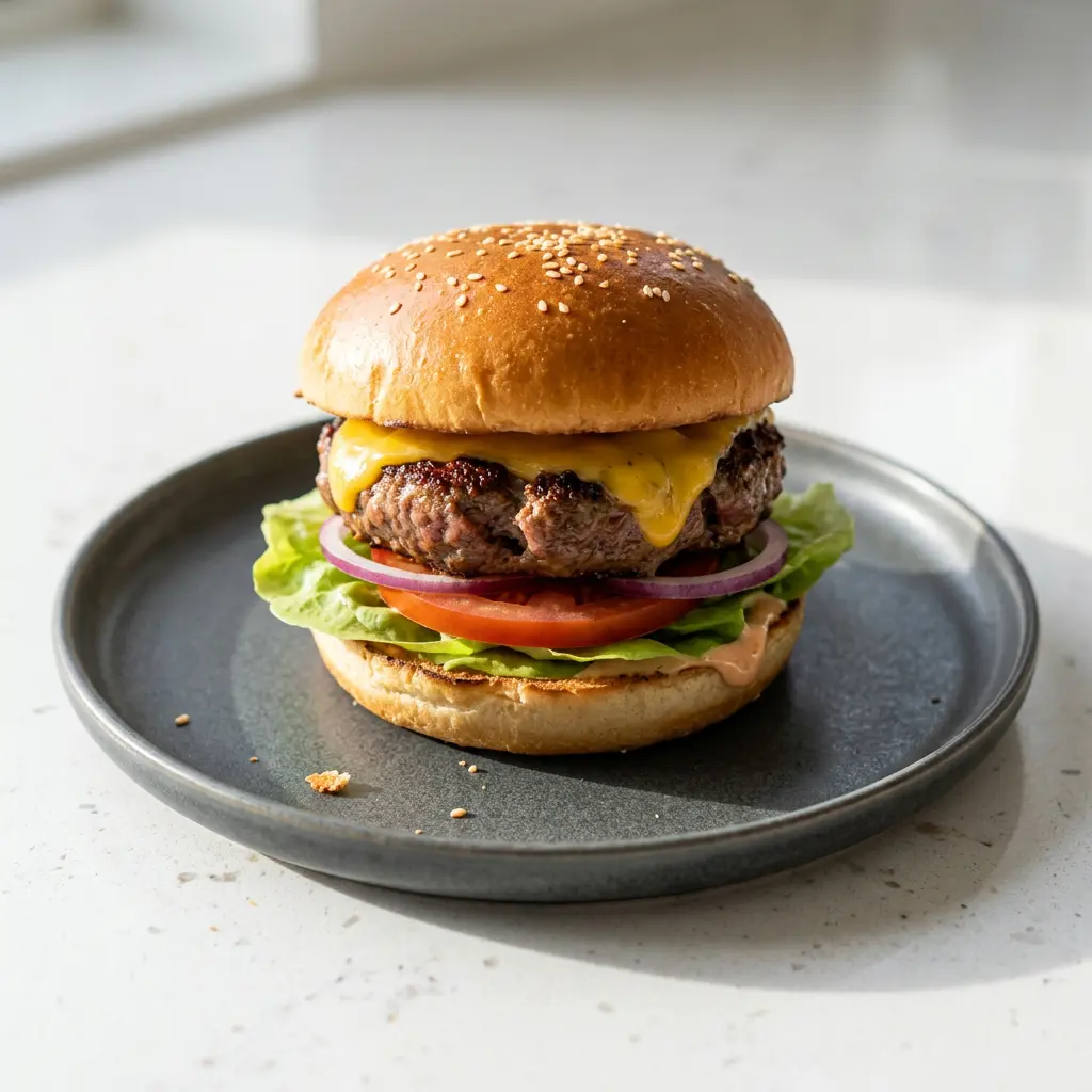 Foto von Hamburger aus der Heißluftfritteuse fertig zubereitet in der Heißluftfritteuse