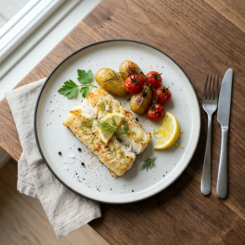 Foto von Kabeljau aus der Heißluftfritteuse fertig zubereitet in der Heißluftfritteuse
