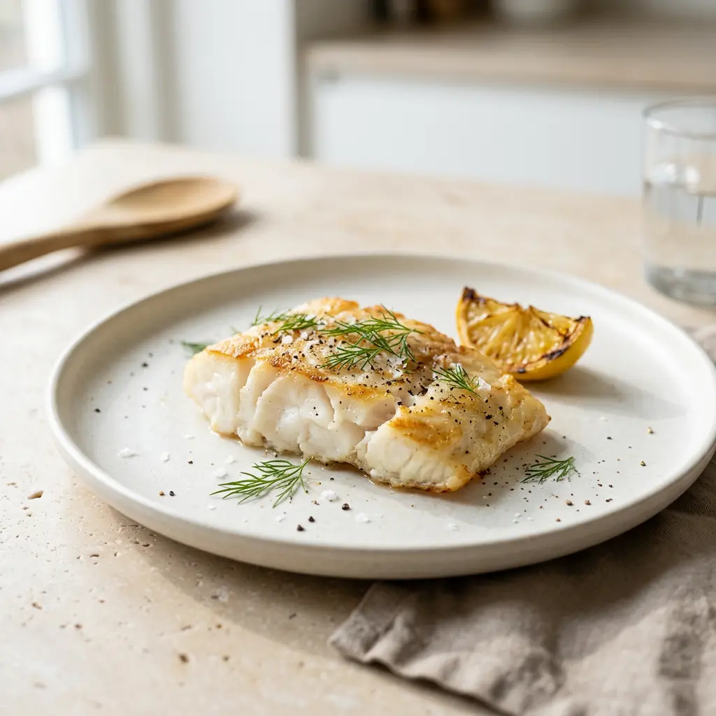 Foto von Kabeljaufilet aus der Heißluftfritteuse fertig zubereitet in der Heißluftfritteuse