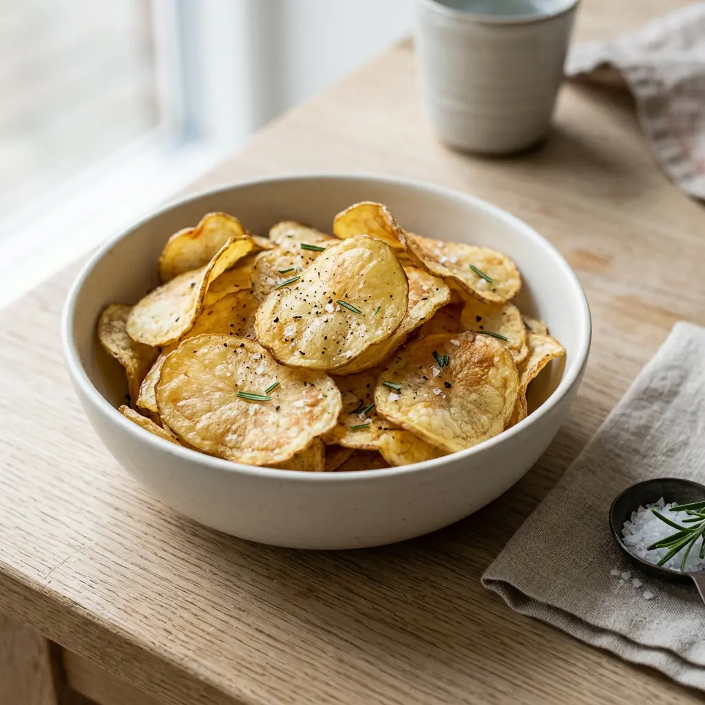 Foto von Kartoffelchips aus der Heißluftfritteuse fertig zubereitet in der Heißluftfritteuse