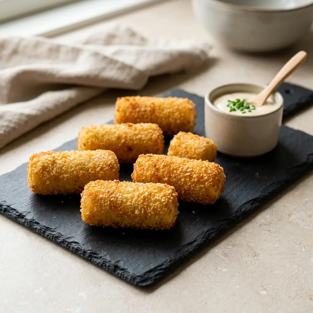 Foto von Kartoffelkroketten aus der Heißluftfritteuse fertig zubereitet in der Heißluftfritteuse