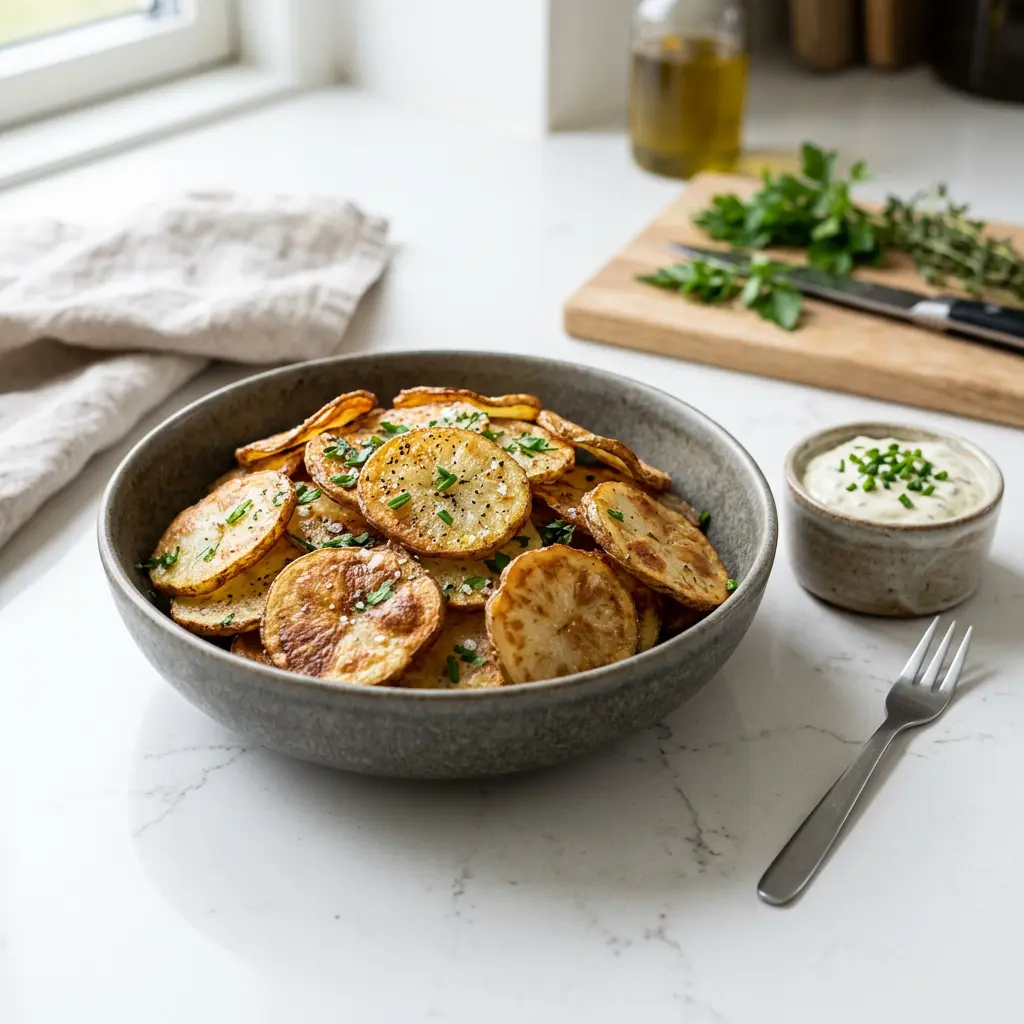 Foto von Kartoffelscheiben aus der Heißluftfritteuse fertig zubereitet in der Heißluftfritteuse