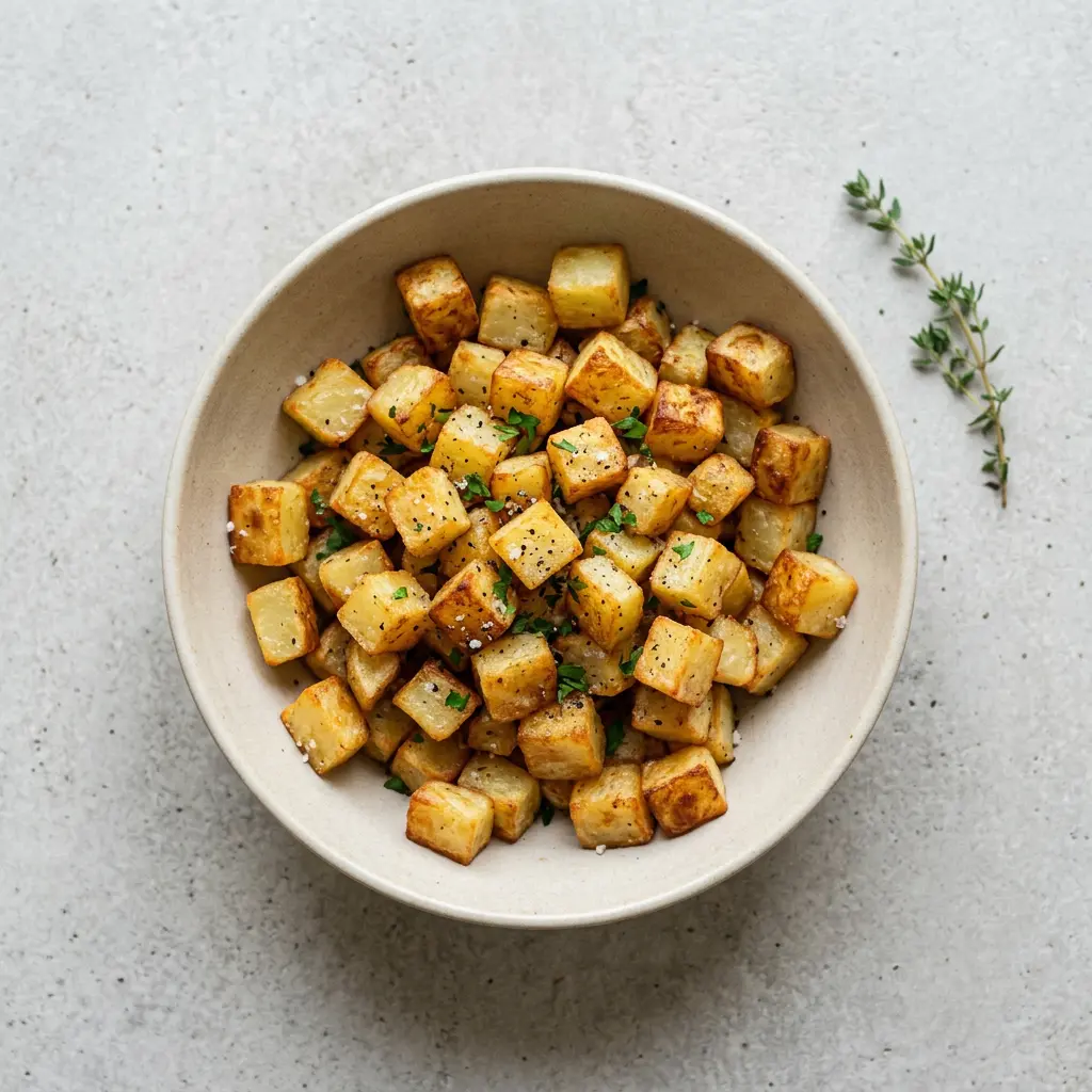 Foto von Kartoffelwürfel aus der Heißluftfritteuse fertig zubereitet in der Heißluftfritteuse