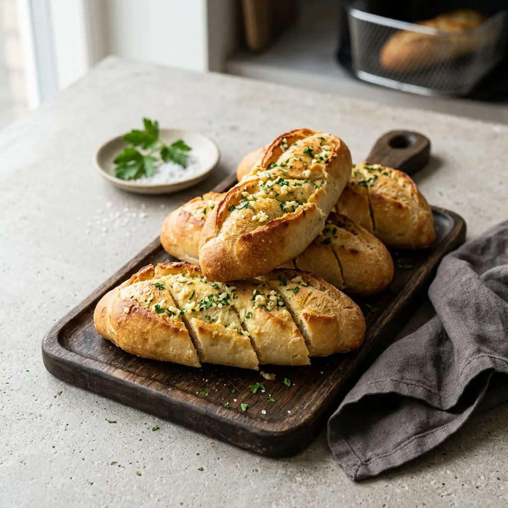 Foto von Knoblauchbaguettes aus der Heißluftfritteuse fertig zubereitet in der Heißluftfritteuse