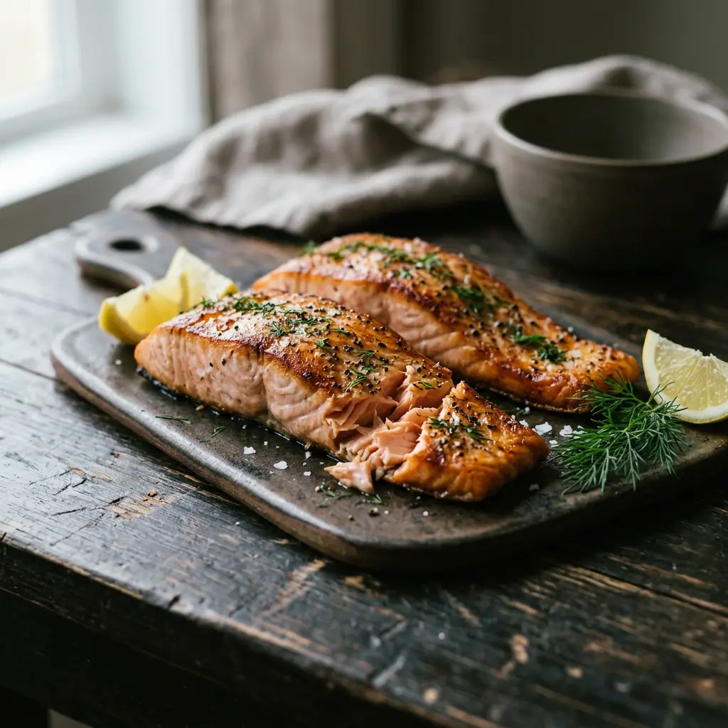 Foto von Lachs aus der Heißluftfritteuse fertig zubereitet in der Heißluftfritteuse