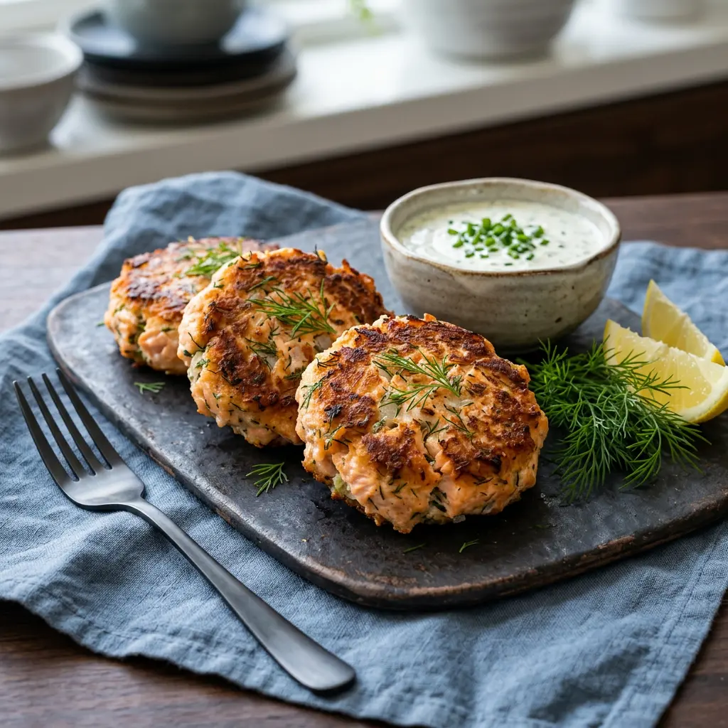 Foto von Lachsfrikadellen aus der Heißluftfritteuse fertig zubereitet in der Heißluftfritteuse