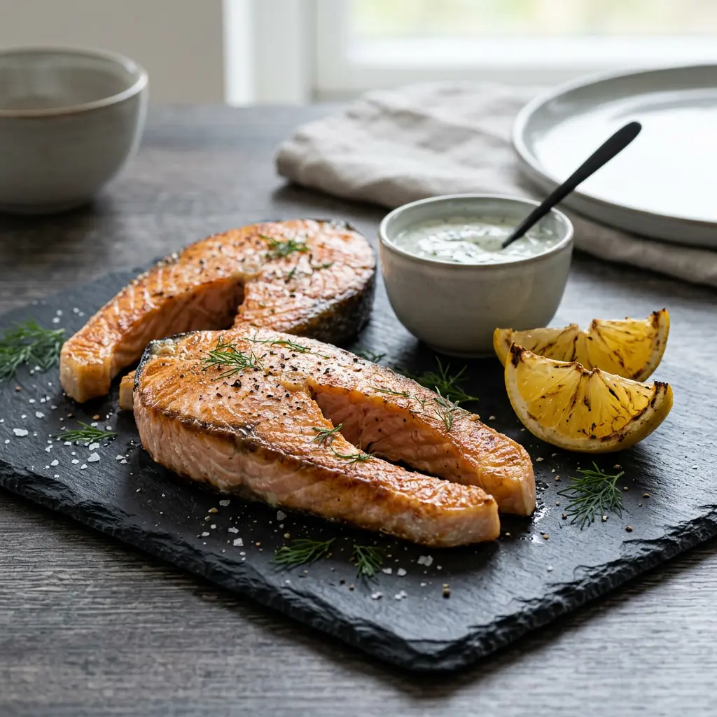 Foto von Lachssteaks aus der Heißluftfritteuse fertig zubereitet in der Heißluftfritteuse