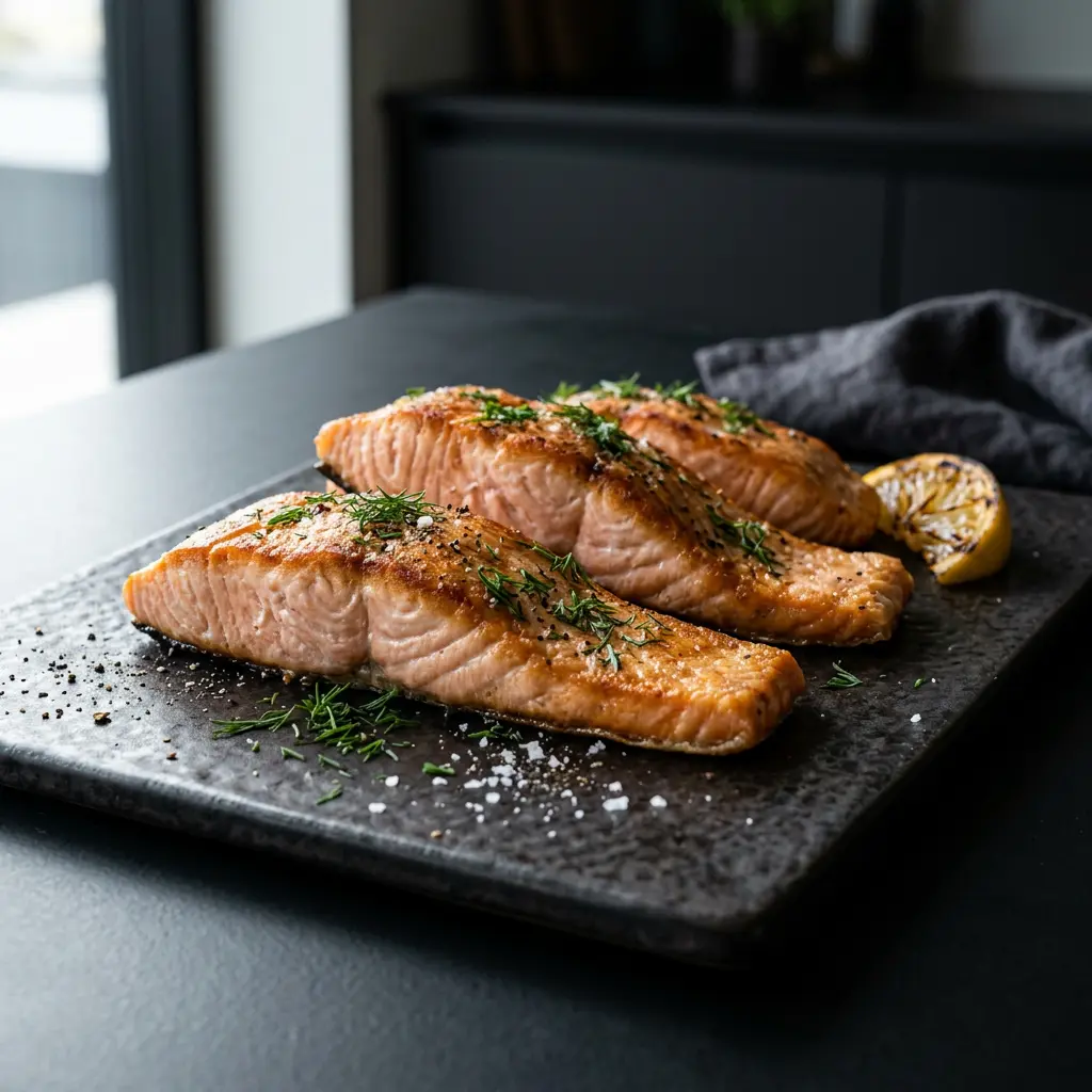 Foto von Lachsstücke aus der Heißluftfritteuse fertig zubereitet in der Heißluftfritteuse