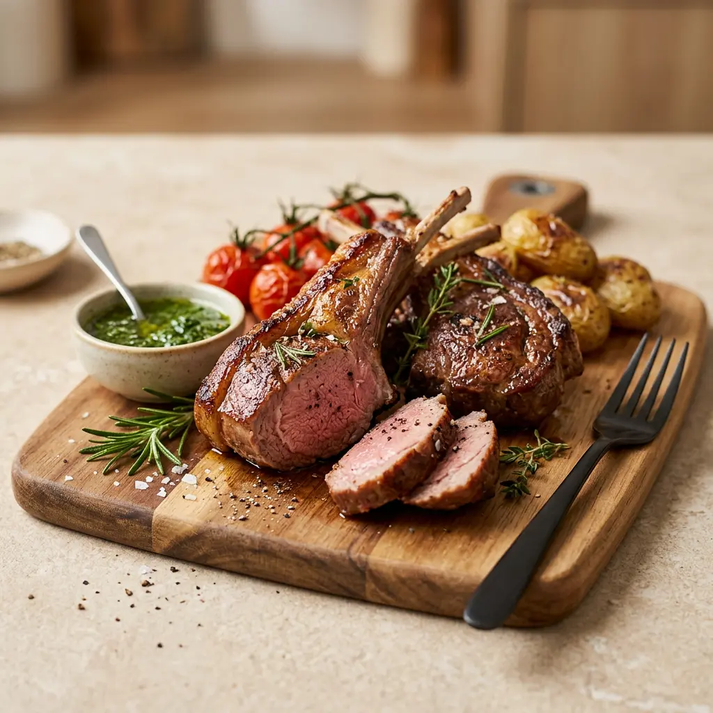 Foto von Lammfleisch aus der Heißluftfritteuse fertig zubereitet in der Heißluftfritteuse