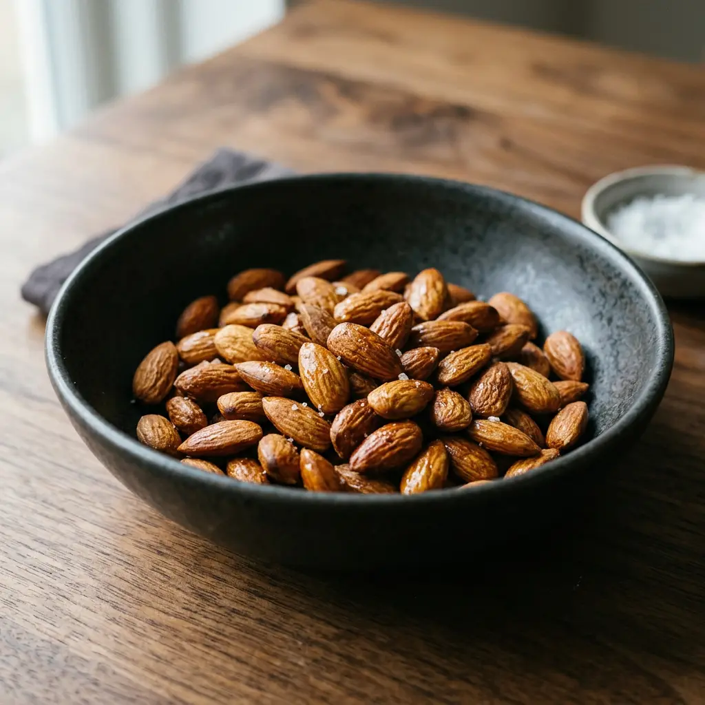 Foto von Mandeln aus der Heißluftfritteuse fertig zubereitet in der Heißluftfritteuse