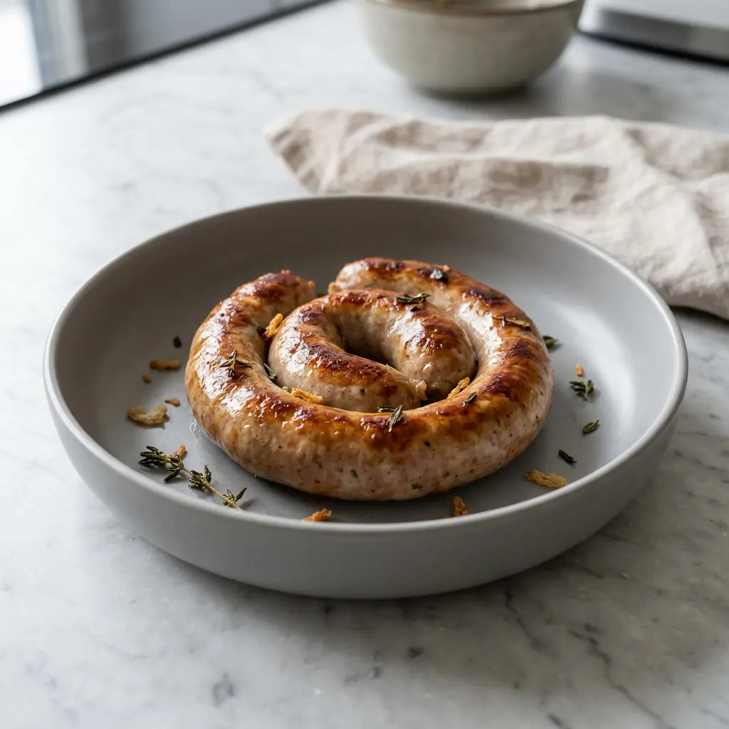 Foto von Medister aus der Heißluftfritteuse fertig zubereitet in der Heißluftfritteuse