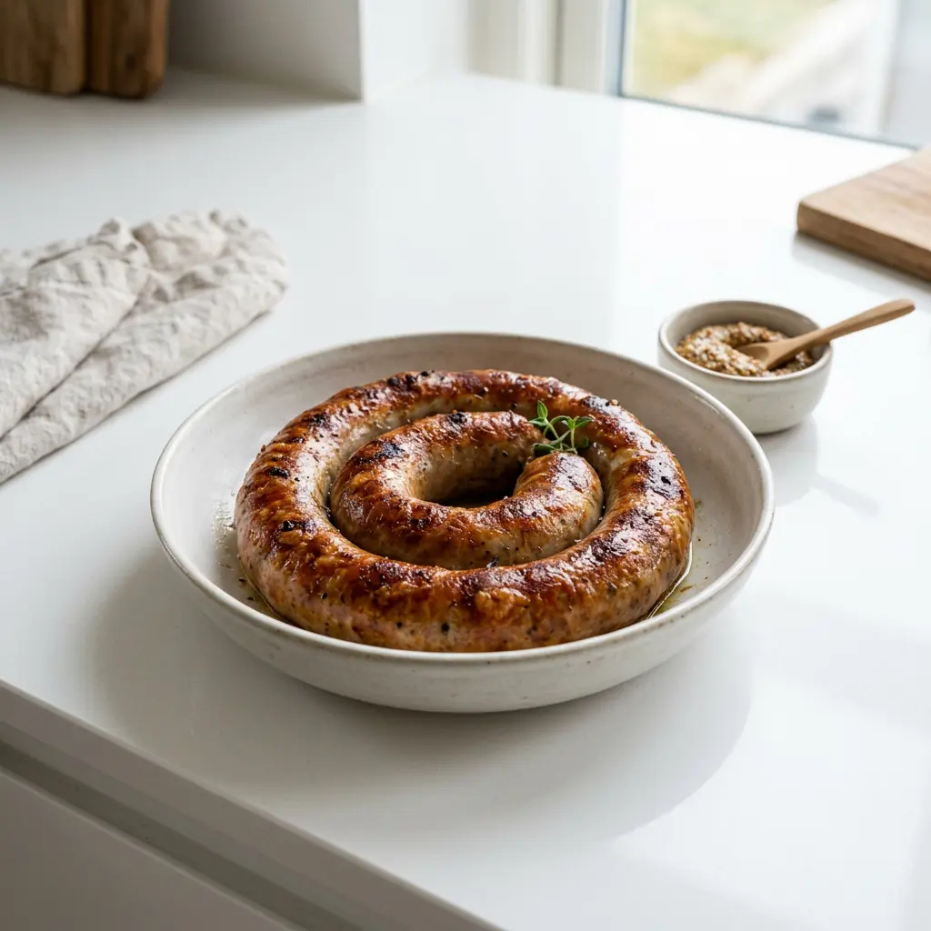 Foto von Medisterwurst aus der Heißluftfritteuse fertig zubereitet in der Heißluftfritteuse