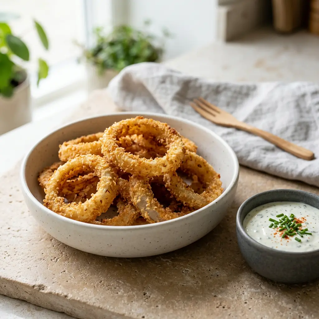 Foto von Panierte Zwiebelringe aus der Heißluftfritteuse fertig zubereitet in der Heißluftfritteuse